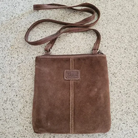 Fossil Brown Leather Suede Crossbody Bag Floral Stud Grommet Applique Full Zip - Picture 4 of 15